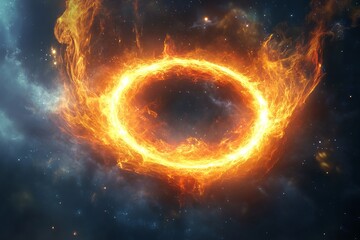 Obraz premium A vibrant, fiery ring of energy in deep space, surrounded by stars and cosmic dust, creating a mystical and otherworldly atmosphere.