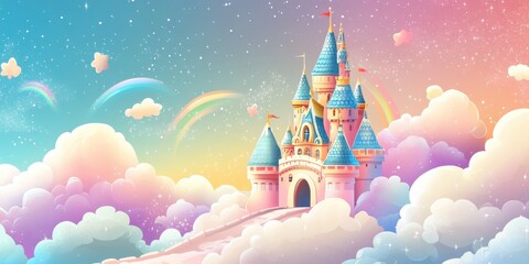 Fairytale Castle Above Fluffy Clouds and Rainbows