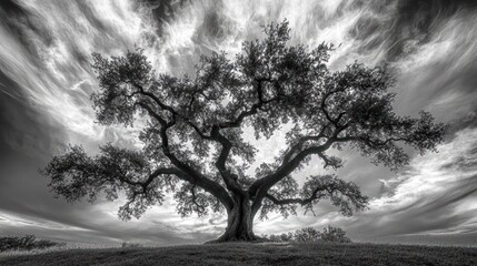 Majestic oak tree, dramatic sky, parkland setting, nature photography, stock image