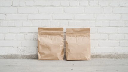 Two kraft paper bags against a white brick wall.