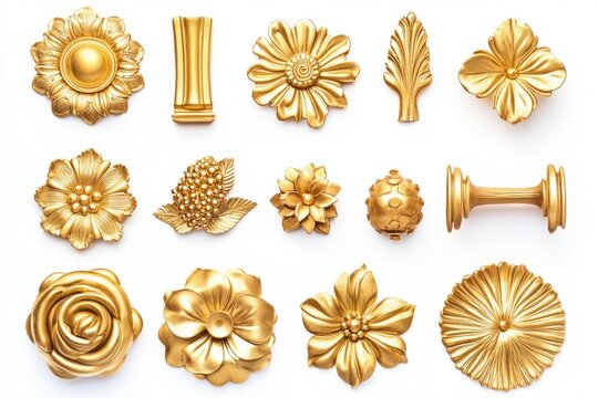 A collection of gold flower brooches and pins with intricate designs.