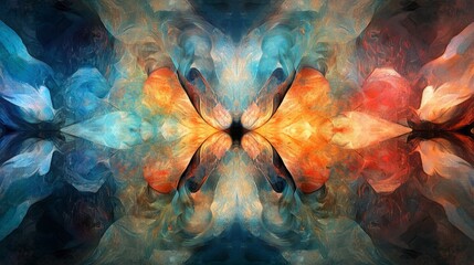 Naklejka premium A captivating abstract design featuring a symmetrical pattern with vibrant colors and fluid shapes, perfect for artistic and creative projects.