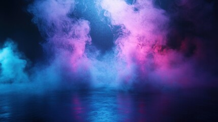 Fototapeta premium Background of an empty room with smoke and neon light. Dark abstract background
