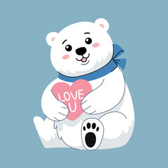Cute polar bear with a bow hugging a heart with the inscription Love U. Character for a card for Valentine's Day, birthday and other holidays.