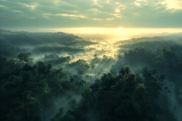 Fototapeta premium Misty Mountain Rainforest at Sunrise An Aerial View of Lush Green Canopy and Sunbeams Piercing Through the Clouds
