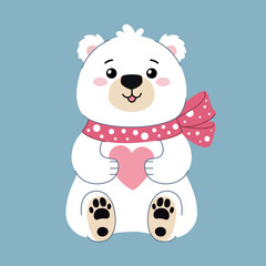 Naklejka premium Cute teddy bear sitting with a heart in his paws, front view. Polar bear with a polka dot bow and a cute smiling face. Character for Valentine's Day, Birthday and other holidays.