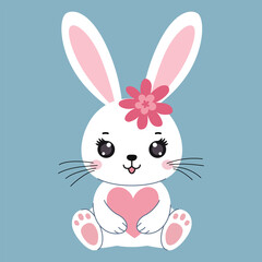 Cute bunny sitting with a heart in his paws, front view. White rabbit with a flower and a cute smiling face. Character for Valentine's Day, Birthday and other holidays.