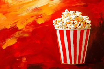 A vibrant image of fresh popcorn in a classic red and white striped bucket set against a colorful background, perfect for movie or snack themes.
