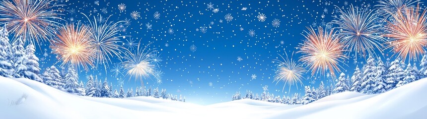 Celebrate Silvester 2025 with a New Year's Eve Party, showcasing a new year's eve background banner panorama with extended fireworks against a rustic dark blue night sky texture.