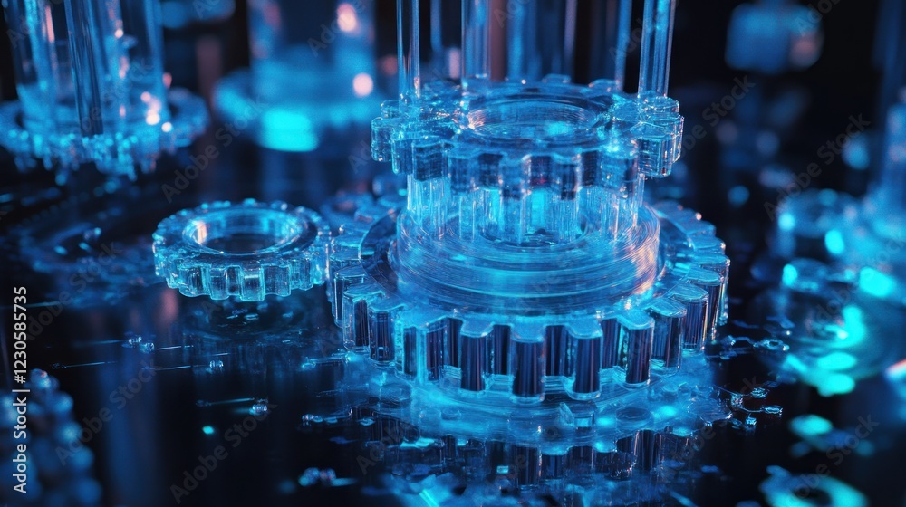 Poster Transparent Gears Interlock In Blue Light Displaying Precision