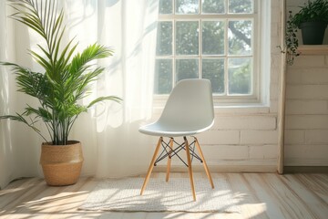 Sunlit minimalist workspace with a potted plant near a window