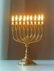 A golden menorah with lit candles, a traditional Jewish item used for Hanukkah celebrations.