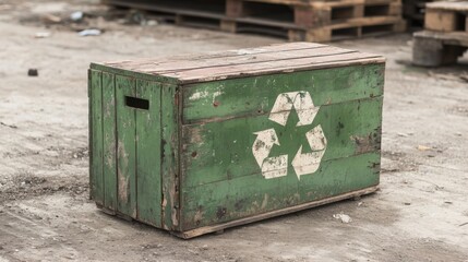 Obraz premium Weathered green wooden crate with recycle symbol outdoors.