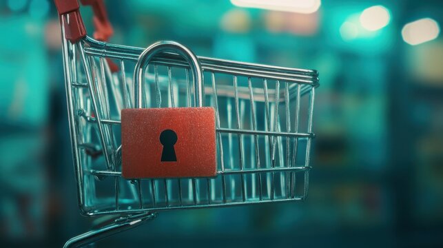 A shopping cart with a security padlock symbolizing safe online transactions.
