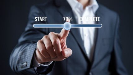 Businessman Interacting with a Progress Bar Interface: 70% Complete