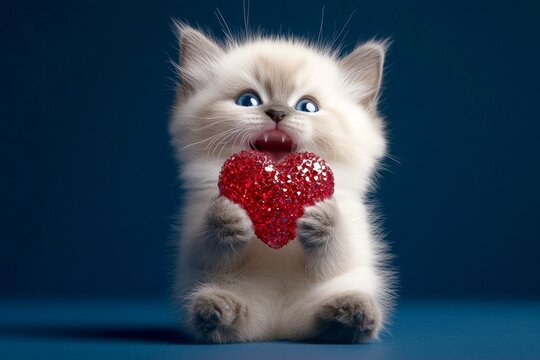 Cute himalayan kitty with sparkling rhinestones red heart - sign of love, funny greeting card. Digital ads visual idea. Himalayan - my beloved cat. Cat for valentine. Heart cat valentine.