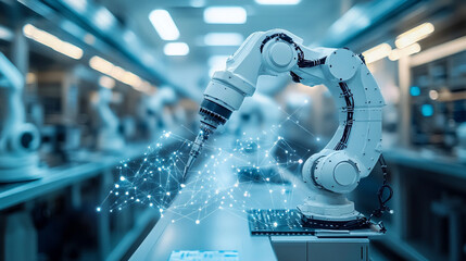 A futuristic smart factory featuring AI, IoT, and robotics in a minimalistic, bright light-toned setting illustrating advanced manufacturing for improved efficiency and productivity with a blank capti