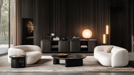 Modern Living Room with Plush Sofas and Dark Wood Accents