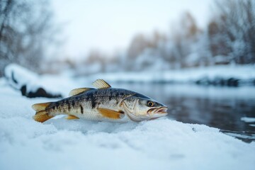 Fish on Snowy Riverbank