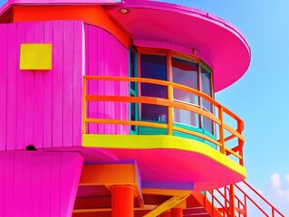 Fototapeta premium The tower is painted in a bright pink with yellow and orange accents.