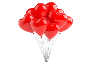 A cluster of shiny red heart-shaped balloons floating against white transparent background, symbolizing love and celebration of Valentine Day