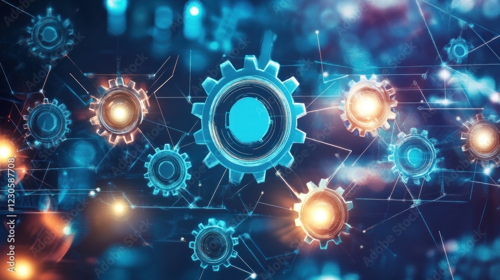 Poster interconnected gears represent digital technology and innovation