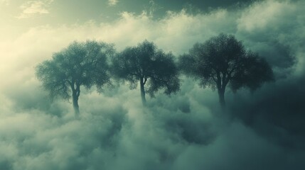 Three trees are in the middle of a foggy forest. The trees are tall and leafy, and the fog is thick and heavy. Scene is mysterious and serene, as the trees seem to be standing tall