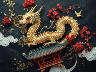 Obraz premium A dragon resting on a Japanese house