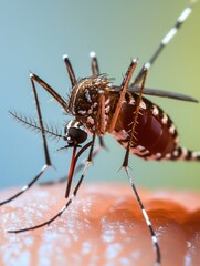 Mosquito biting a person's skin. Close-up image showing insect feeding on human skin, emphasizing the role mosquitoes play in disease transmission.