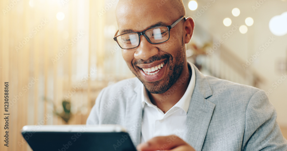 Poster research, online and black person with tablet, laughing and app for user experience and web designer