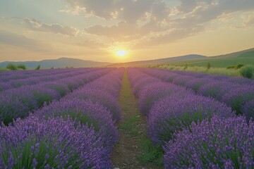 Fototapeta premium Sunset over lavender fields with warm sunlight and vibrant colors