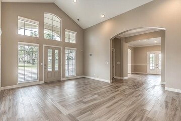 Obraz premium Spacious living room with light wood flooring, high ceilings, and a neutral palette ready for recessed lighting installation