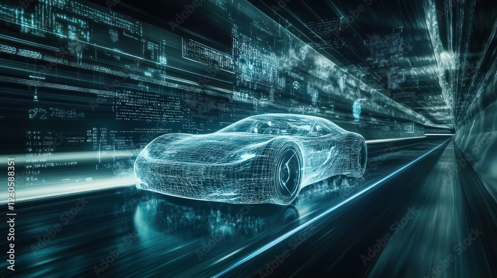 Poster digital wireframe car speeds through futuristic data tunnel