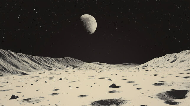 Explore the mesmerizing beauty of the moon's surface, where desolate plains and pitted surfaces spark a sense of cosmic enchantment. illustration, image, minimalism. Lunar Plains. Illustration