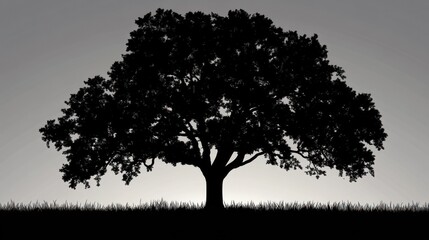 Obraz premium Silhouetted oak tree at dawn, peaceful field background, nature imagery