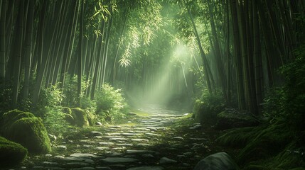 Obraz premium Serene Bamboo Forest Path: A Mystical Stone Walkway