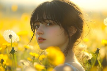 Naklejka premium Young Woman in Sunny Flower Field