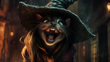 A cat wearing a black hat and a black dress. The cat is smiling and has its mouth open