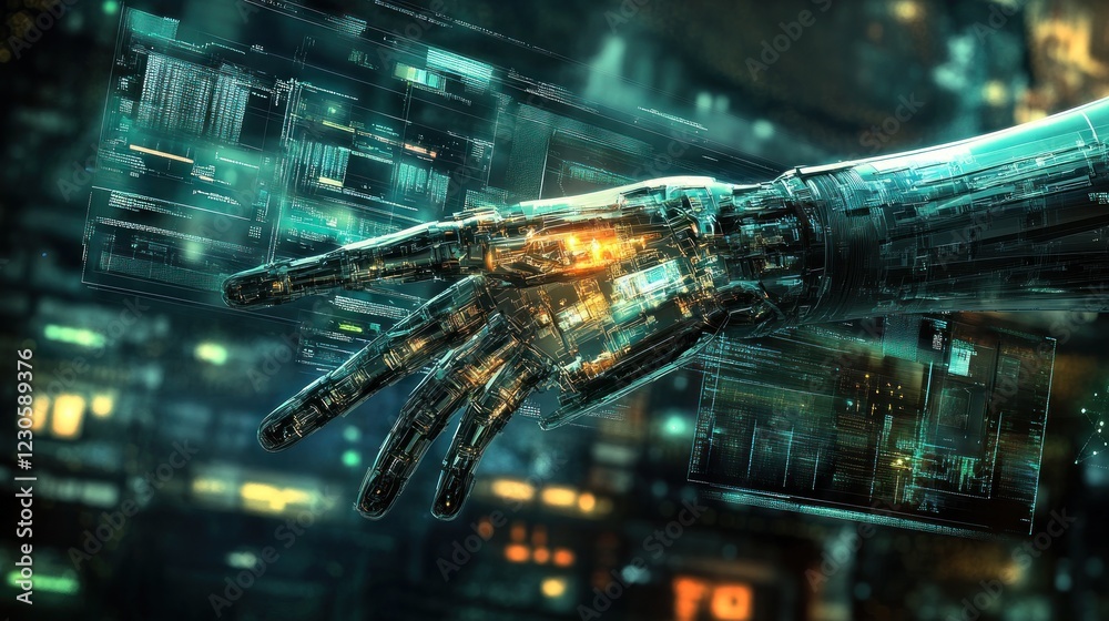 Poster robotic hand interacting with futuristic digital interface