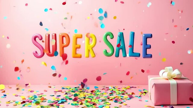 Super sale lettering with gift box and confetti on pink background
