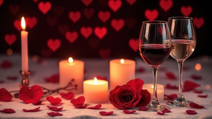 Romantic background with wine, candles and rose petals.