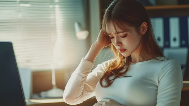 pregnancy, business, stress, gestosis and people concept - pregnant businesswoman feeling sick or suffering from headache at office work