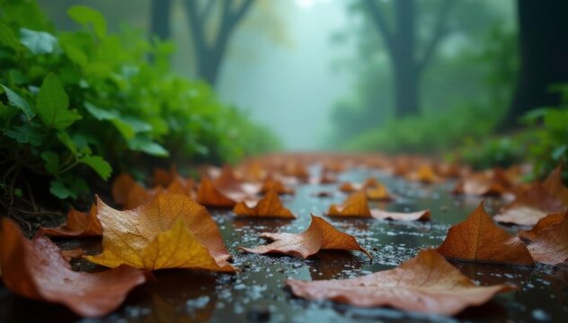 Wet leaves on the ground in a foggy Matheran garden, garden, ground