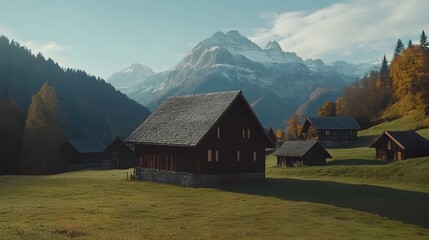 Obraz premium Scenic Alpine Village Wooden Houses Mountain Landscape