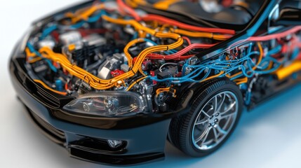 Detailed view of a car engine showcasing colorful wiring and components, highlighting technology