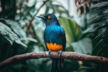 Fototapeta premium The Cape starling, also known as the red-shouldered glossy-starling or Cape glossy starling (Lamprotornis nitens), perched on a branch. This metallic blue bird features orange eyes against a light