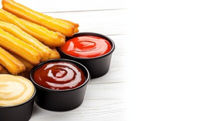 Delicious churros served with three vibrant dipping sauces on a white wooden table