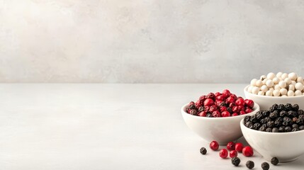 Assorted colorful peppercorn in bowls on a light background, perfect for culinary use and recipes