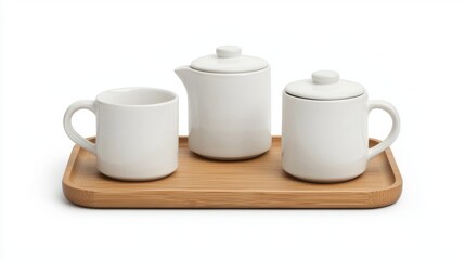 White ceramic tea set displayed on a wooden tray in a minimalist style setting with a focus on functional design