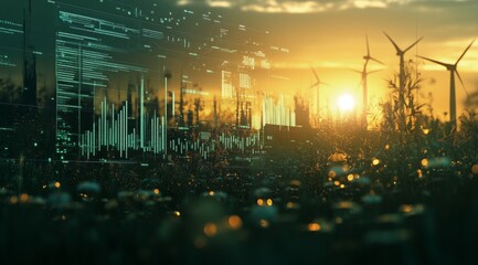 Wind turbines generate renewable energy at sunset with digital data overlay